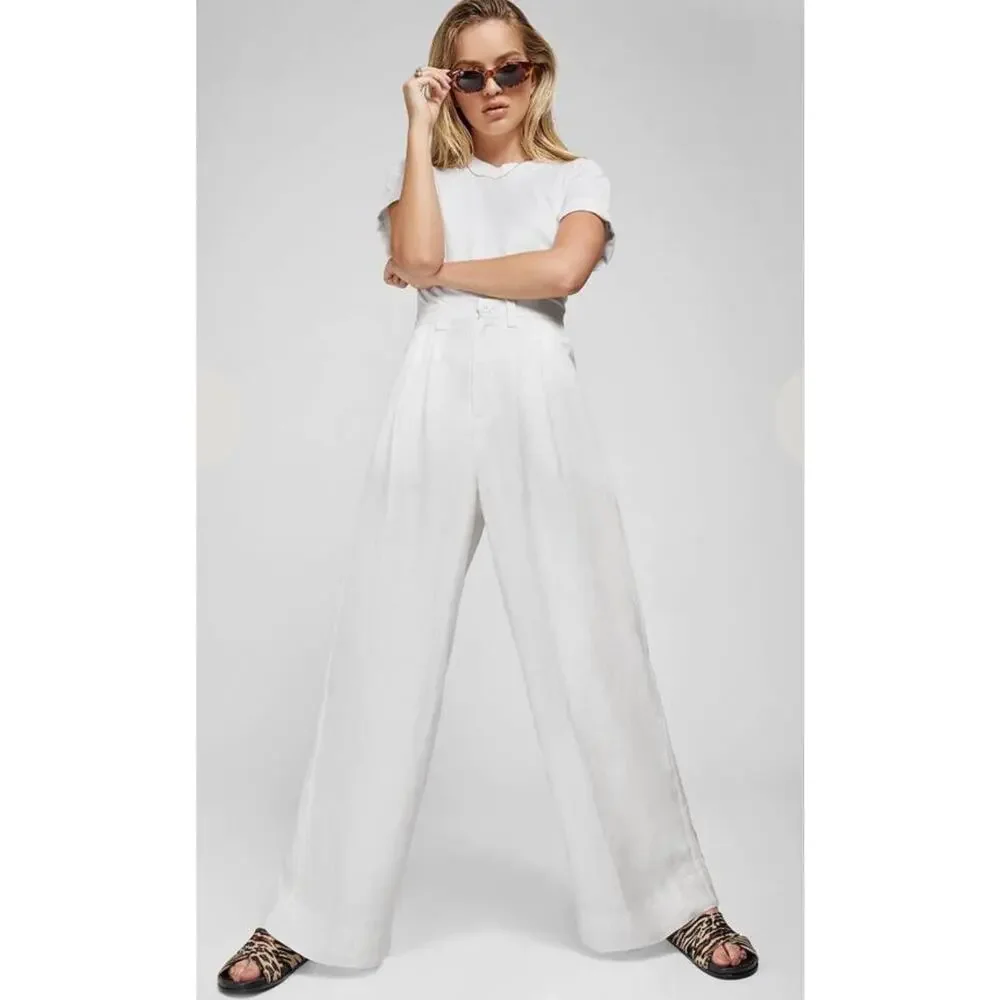 Anine Bing Carla Pants Wide Leg High Rise Trousers Linen Blend White S Luxury